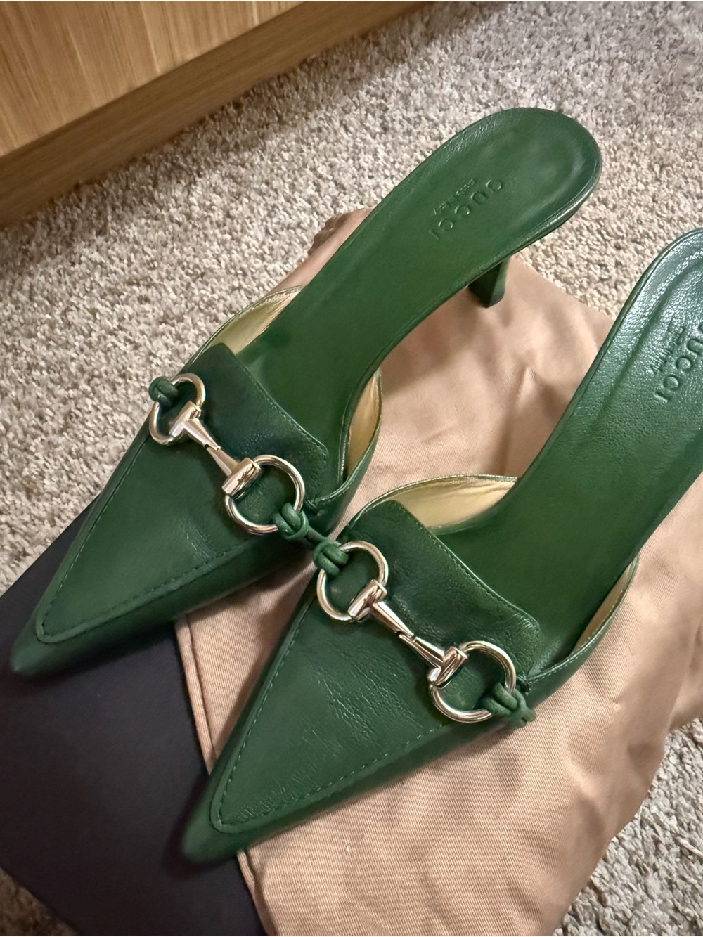 Gucci Emerald Green Leather Horsebit Pointed Mule Heels